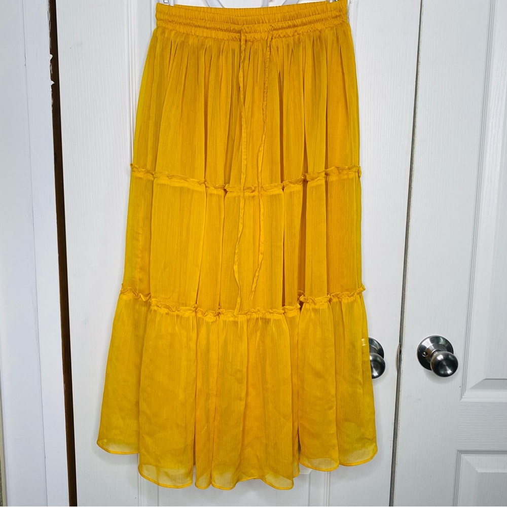 COPY - WDNY Tiered Sheer Overlay Ruffle Trim Elastic Waist Flowy Midi Skirt
